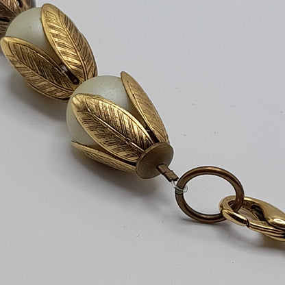 Lenora Dame Faux Pearl Necklace, Gold Tone Leaf Caps, Vintage Jewelry