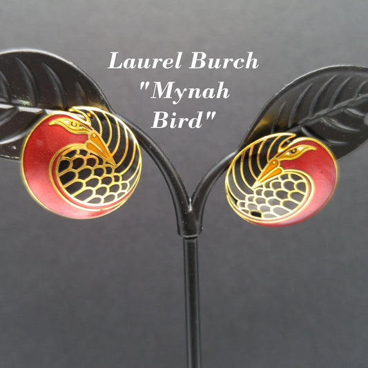 Vintage Laurel Burch "Mynah Bird" Post Earrings, Red Black Enamel, Gold Plated