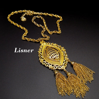 Lisner Long Pendant Necklace, Three Tassel Pendant, 1960s Vintage Jewelry