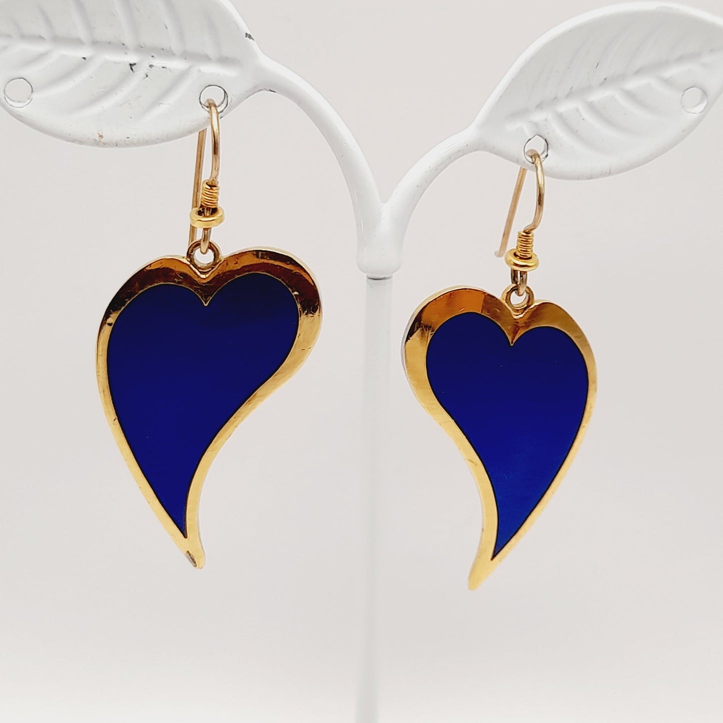 Vintage Laurel Burch Heart Dangle Earrings, Blue Enamel, Gold Plated, 2 Inches