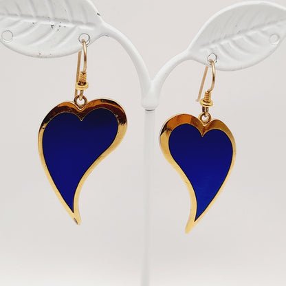 Vintage Laurel Burch Heart Dangle Earrings, Blue Enamel, Gold Plated, 2 Inches