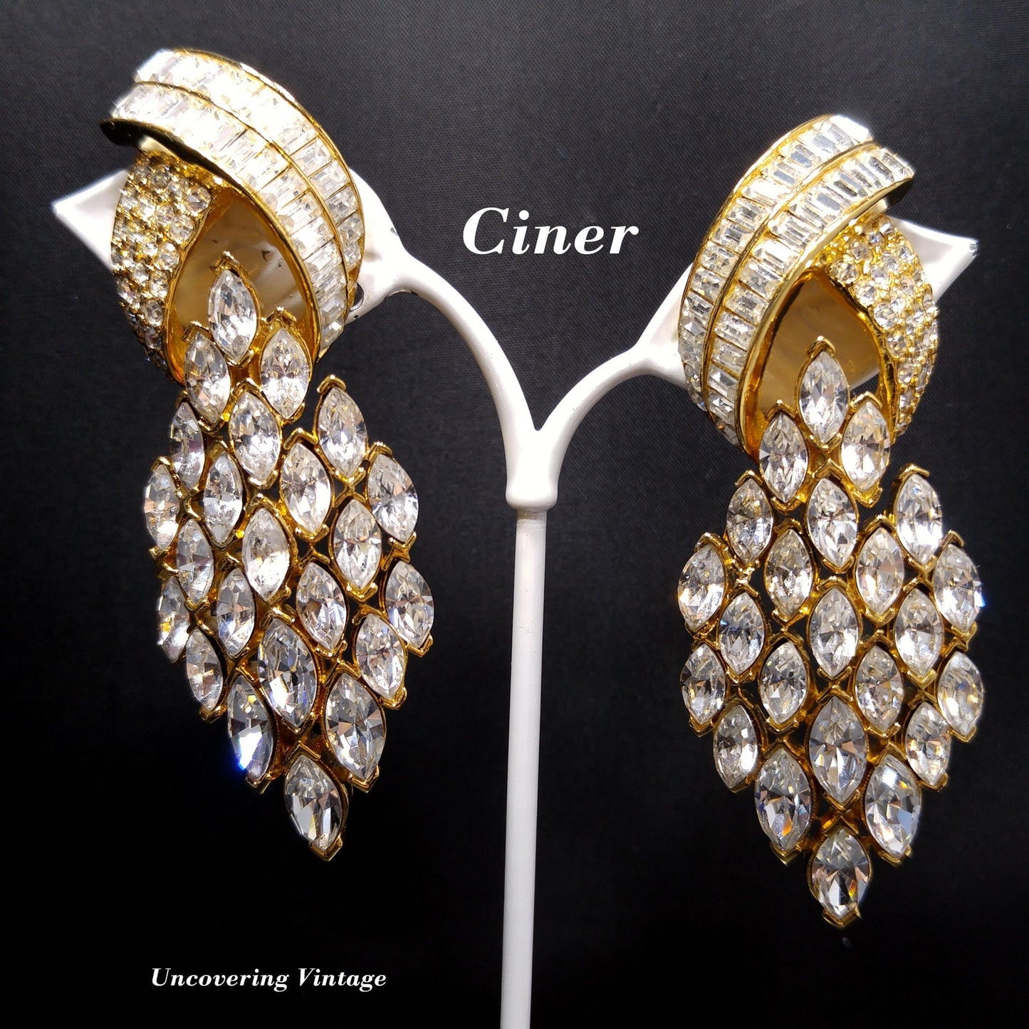 Vintage CINER Runway Clear Rhinestone Long Clip Earrings, Gold Plated