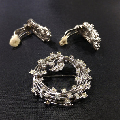 Ciner Clear Rhinestone Brooch & Earrings, Rhodium Plated, 1950s Vintage Jewelry
