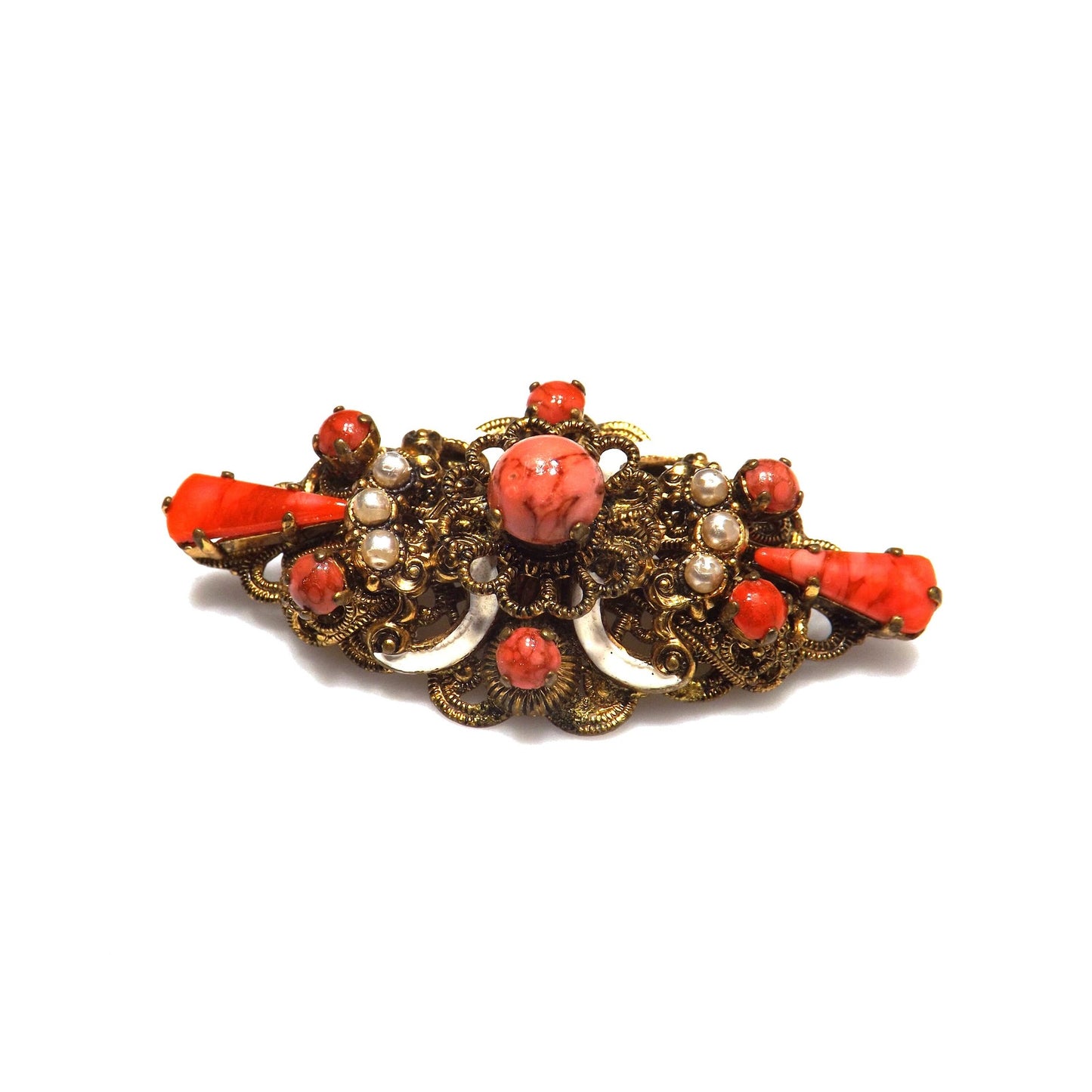 Germany Orange Art Glass Filigree Brooch, Faux Pearls, White Enamel, 1940s Vintage Jewelry