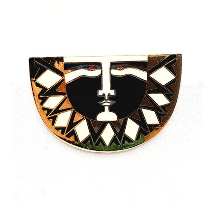 Vintage Laurel Burch Sunface Brooch, Black White Enamel Gold Plated Pin, 1980s Cloisonné Jewelry, Artistic Statement Accessory 1 3/4 Inch