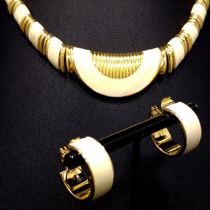 Monet Cream Enamel Gold Plated Necklace & Earrings, 1980s Vintage Jewelry