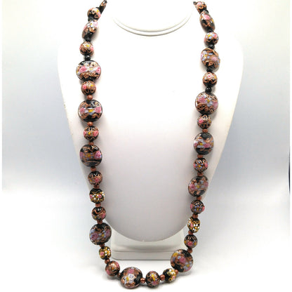 1940s Wedding Cake Murano Venetian Glass Bead Necklace Black Pink Gold 30”