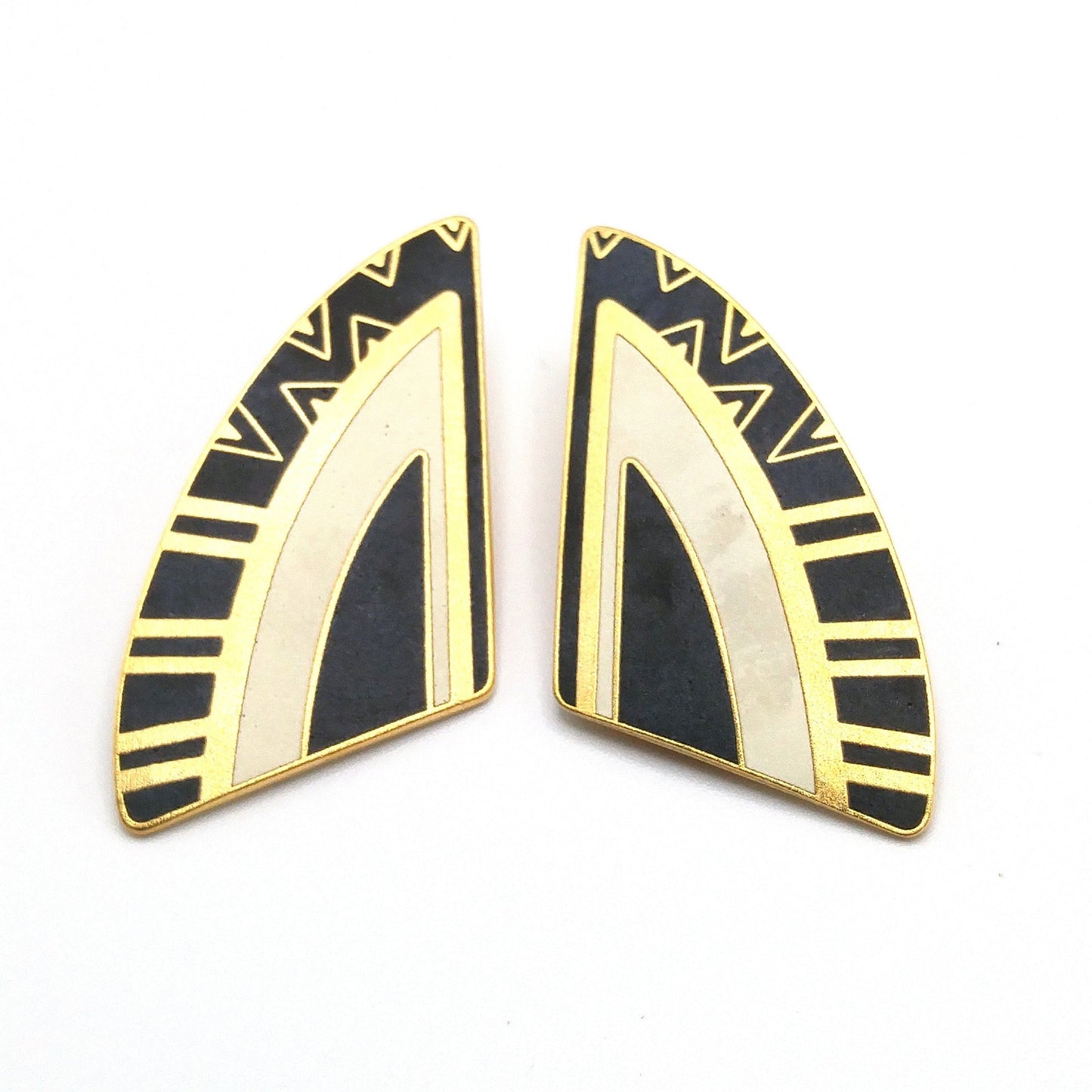 Laurel Burch Geometric Large Clip Earrings, Black White Enamel, Gold Plated, 1990s Vintage Jewelry