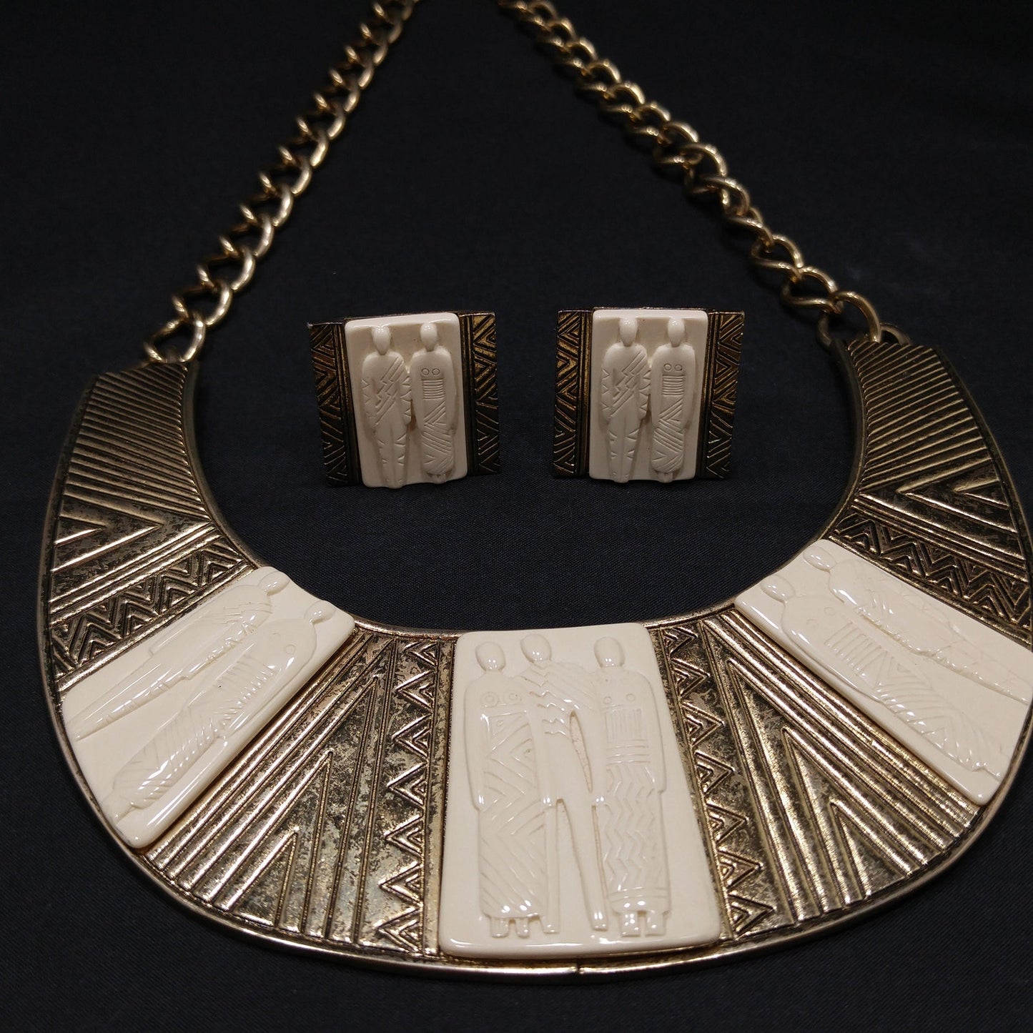 Laurel Burch Tribal Necklace & Clip Earrings, Lucite Gold Plate, 1980s Vintage Jewelry