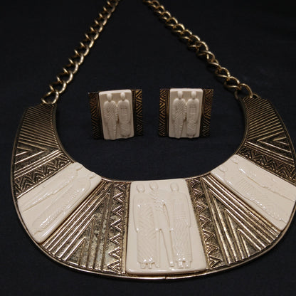 Laurel Burch Tribal Necklace & Clip Earrings, Lucite Gold Plate, 1980s Vintage Jewelry