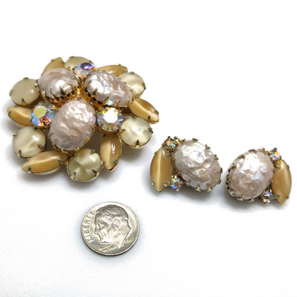 Faux Baroque Pearls AB Rhinestone Brooch Earrings, Gold Plated, 1960s Vintage Jewelry