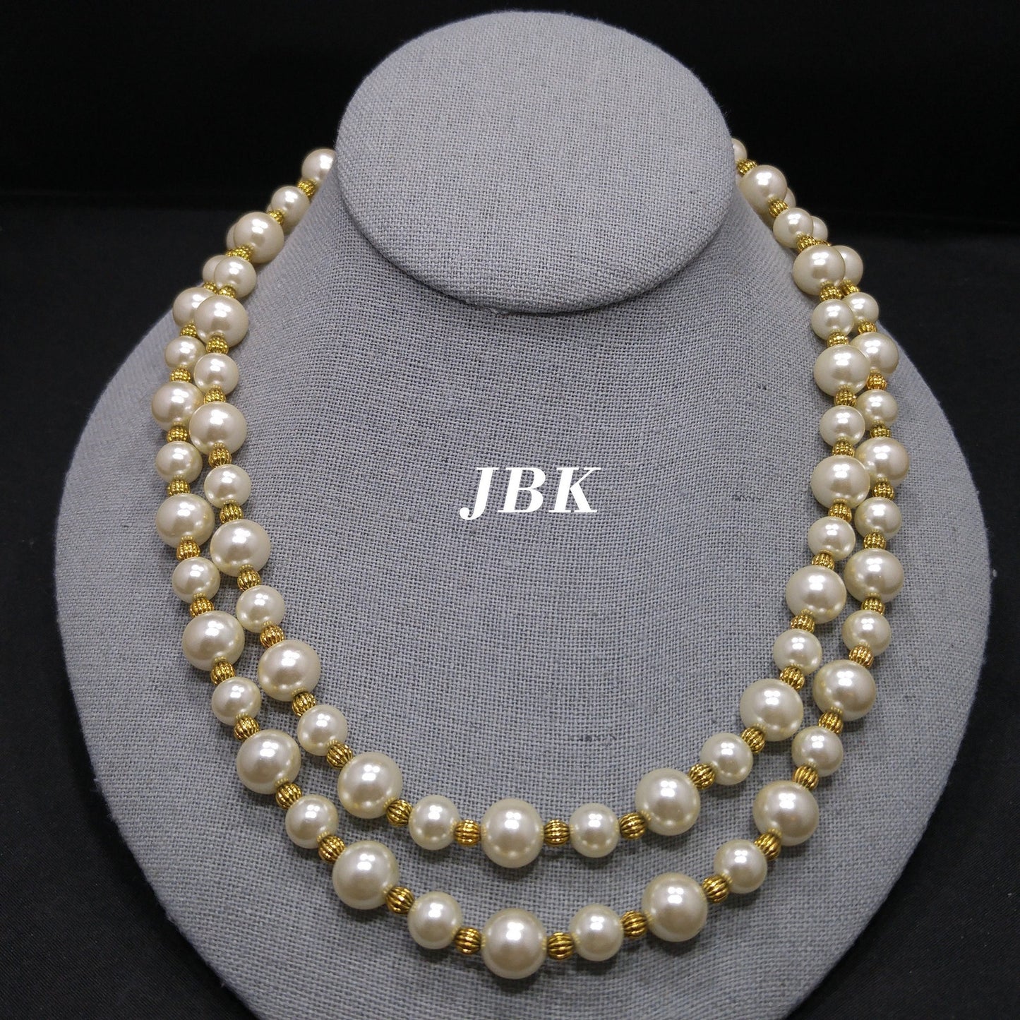 Jackie Kennedy JBK Faux Pearl Necklace – Double Strand Gold Spacers, 1980s Vintage