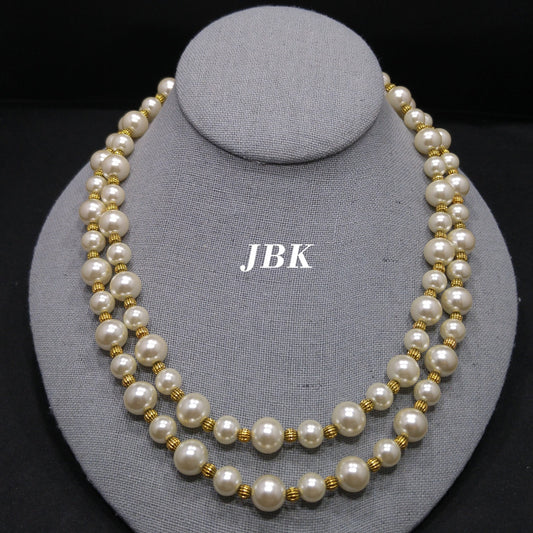 Jackie Kennedy JBK Faux Pearl Necklace – Double Strand Gold Spacers, 1980s Vintage
