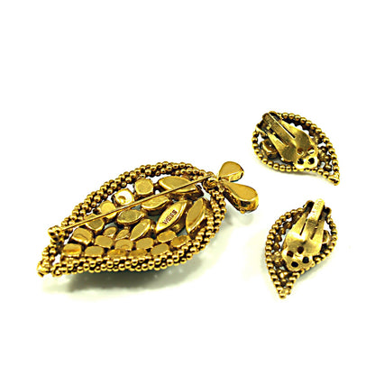 Vintage Weiss Green Brooch Earrings Set, Vitrail Green Rhinestone Leaves, Gold Plated