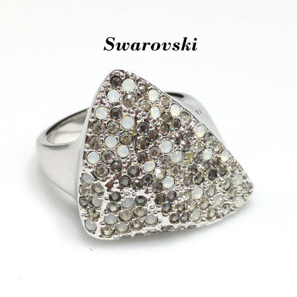 Swarovski Rhinestone Cocktail Ring, Triangular Shape, Clear Smoky & Faux Opal Crystals, Vintage Size 8.5, Swan Logo