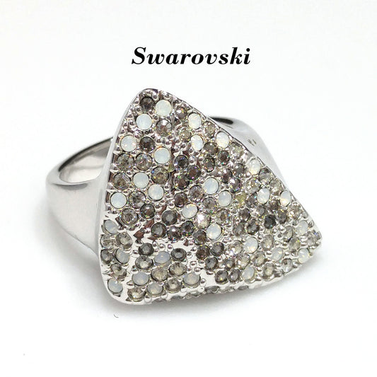 Swarovski Rhinestone Cocktail Ring, Triangular Shape, Clear Smoky & Faux Opal Crystals, Vintage Size 8.5, Swan Logo