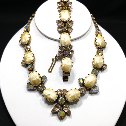 Regency Baroque Pearl Necklace Bracelet Set, Light Topaz AB Rhinestones, 1950s Vintage Jewelry
