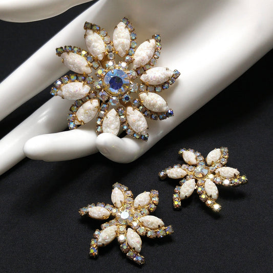 White Lava Glass Floral Brooch & Earrings, Aurora Borealis, Gold Plated, 1960s Vintage Jewelry