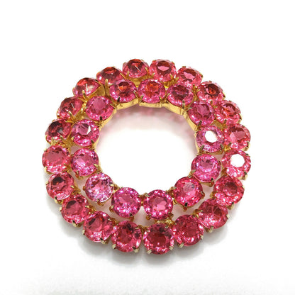 Pink Rhinestone Round Brooch, Gold Plated, Open Back Stones, 1960s Vintage Jewelry