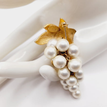 Vintage Alice Caviness Grape Cluster Brooch, White Enamel Leaf, Faux Pearl Berries, Gold Tone Pin, Mid Century Jewelry