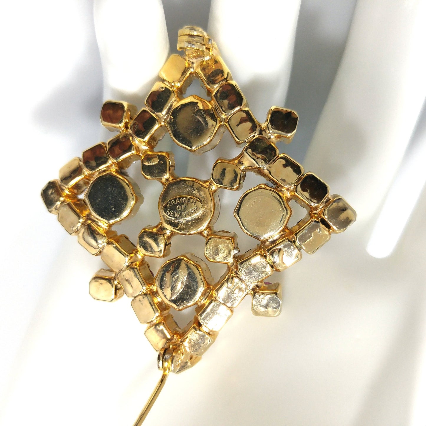Kramer of New York Purple Rhinestone Brooch, Gold Plated, 1960s Vintage Jewelry