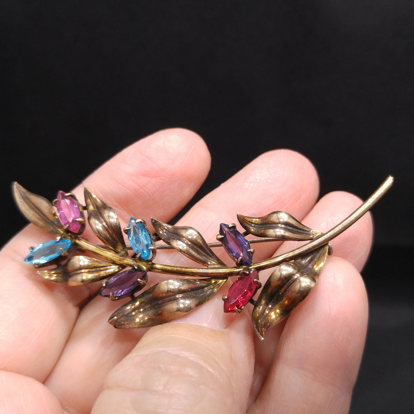 Symmetalic Sterling & 14K Gold Brooch, Rhinestone Accents, 1940s Vintage Jewelry