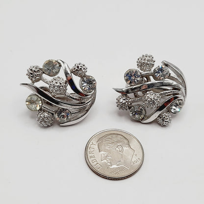 Vintage Crown Trifari Rhinestone Clip Earrings – Rhodium Plated Mid Century Jewelry