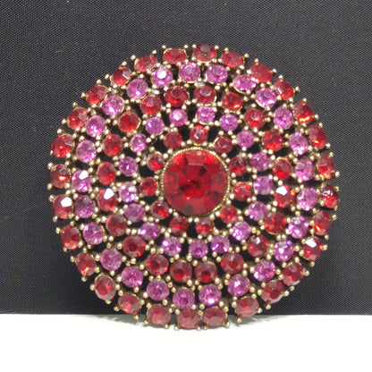 Vintage Weiss Red Pink Rhinestone Round Brooch, Gold Plated, 1950s