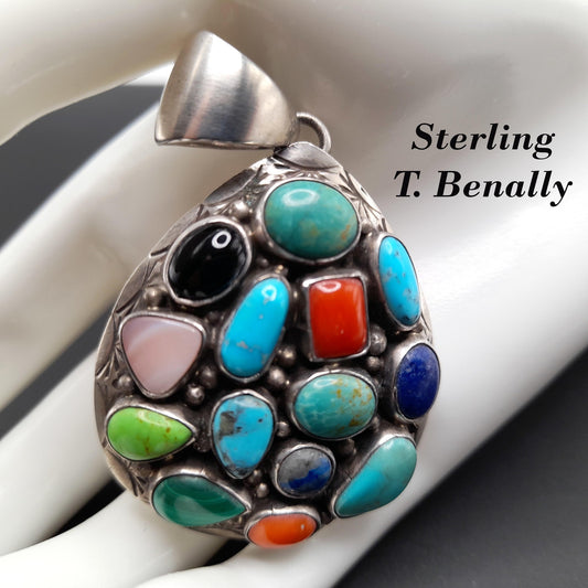 Vintage T. Benally Navajo Sterling Multi Stone Pendant Turquoise Coral 1970s