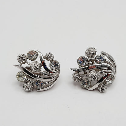 Vintage Crown Trifari Rhinestone Clip Earrings – Rhodium Plated Mid Century Jewelry