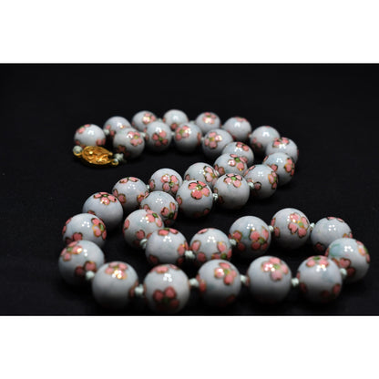 Vintage Chinese Hand Knotted Beaded Necklace, Hand Painted Pink Flowers