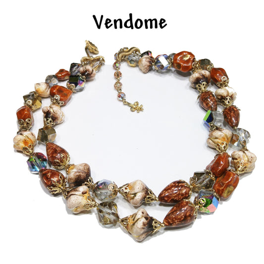 Vendome Two Strand Beaded Necklace, Crystals & Art Glass, 1950s Vintage Jewelry