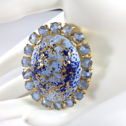 Hand Painted Blue Spatter Gold Ceramic Brooch, Gold Plated, 1960s Vintage Jewelry
