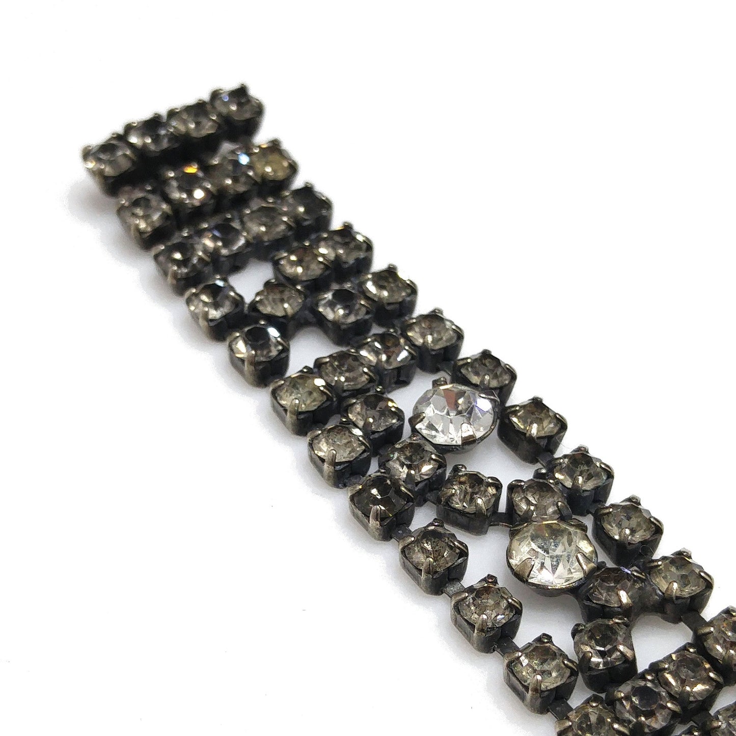 Vintage Kramer Black Clear Crystal Rhinestone Bracelet, Silver Plated, 1950s