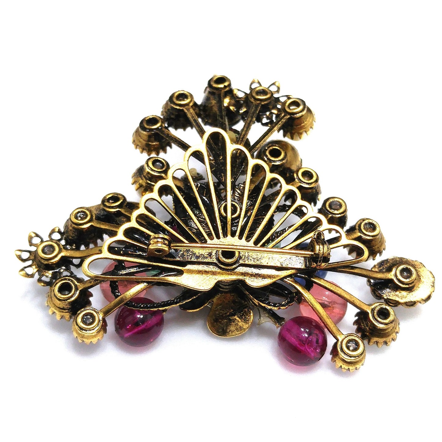 Mid-century Floral Beaded Riveted Brooch, Rhinestones Beads Prongs, 1950s Vintage Jewelry