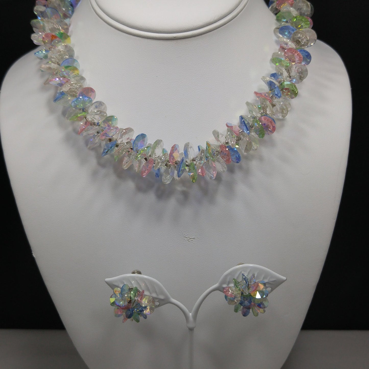 Vendome Pastel Lucite Beaded Necklace & Earrings, Aurora Borealis, 1960s Vintage Jewelry