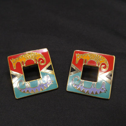 Laurel Burch "Primal Horse" Large Post Earrings, Gold Plated Cloisonné Enamel, 1980s Vintage Jewelry