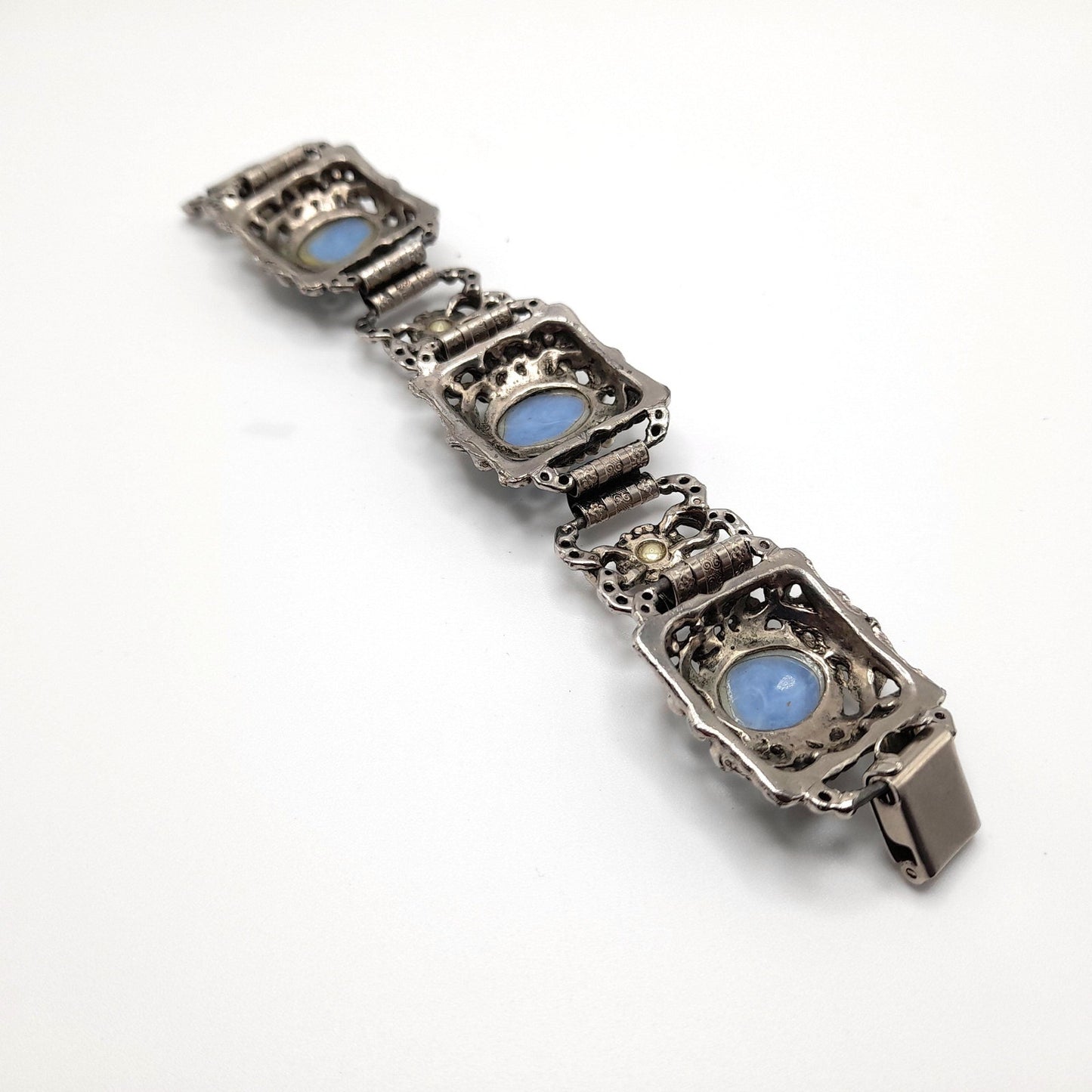 Vintage Blue Lucite Book Chain Bracelet, Faux Pearls, Silver Tone, 1950s, 7 3/4"