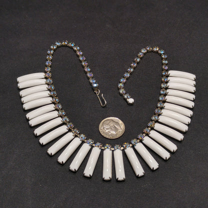 White Lucite Blue Aurora Borealis Rhinestones Necklace, Egyptian Revival Mid-Century, 1960s Vintage Jewelry