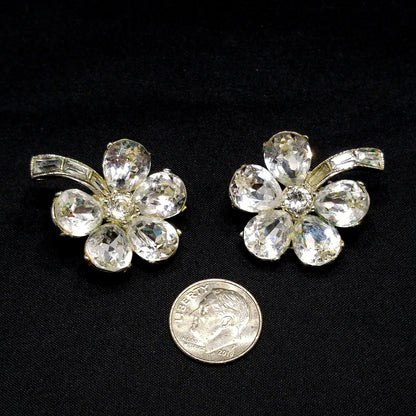 Bogoff Clear Rhinestone Floral Earrings, Rhodium Plated, Wedding Earrings, 1950s Vintage Jewelry