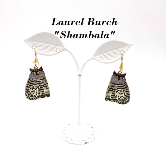 Laurel Burch Shambala Cat Earrings, Black Lavender Enamel, Gold Plated, 1980s Vintage Jewelry