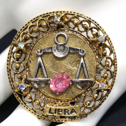Arthur Pepper "Art" Libra Zodiac Brooch, Pink Rhinestone, 1960s Vintage Jewelry