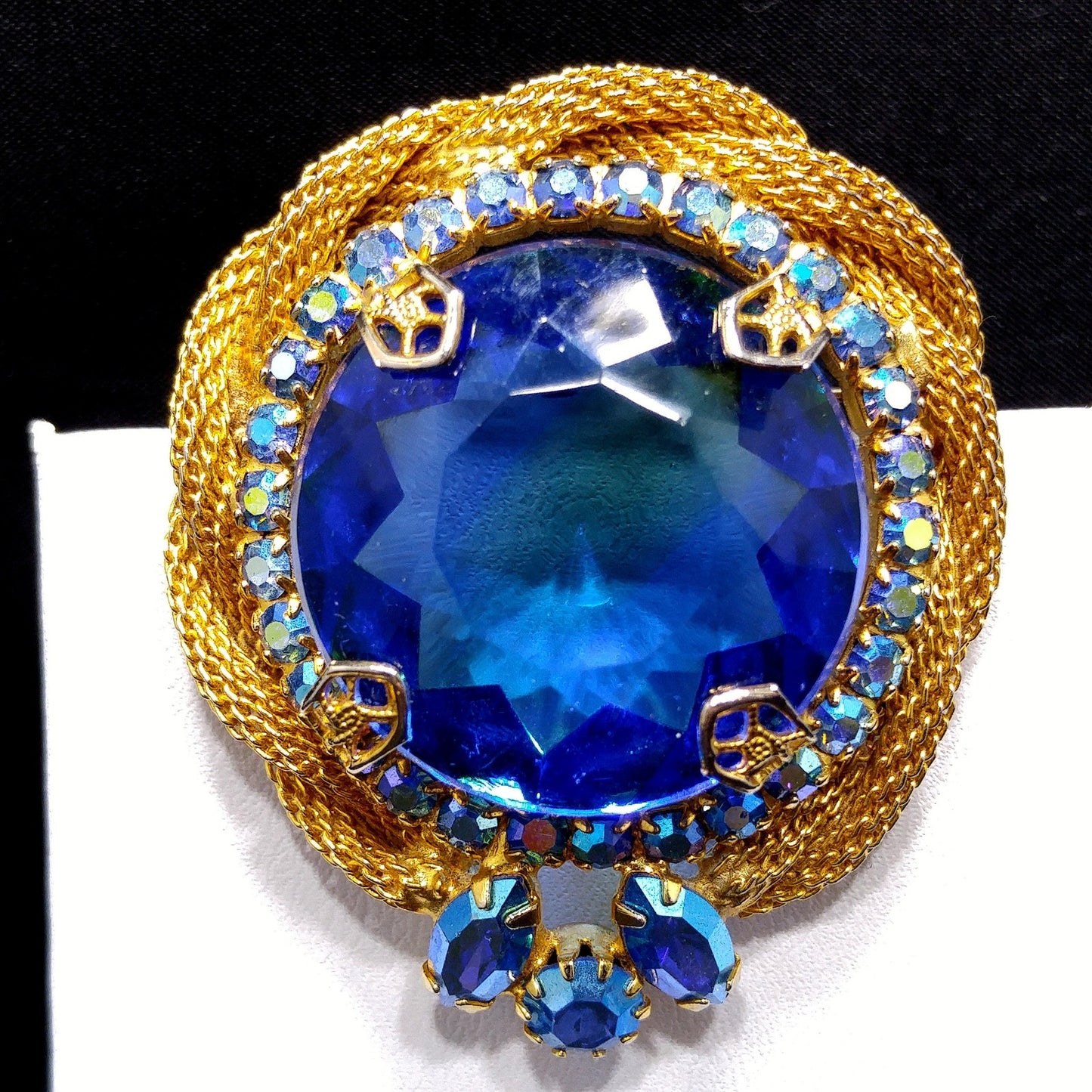 Large Blue Glass & AB Rhinestones Brooch, Gold Plated Mesh Frame, 1960s Vintage Jewelry
