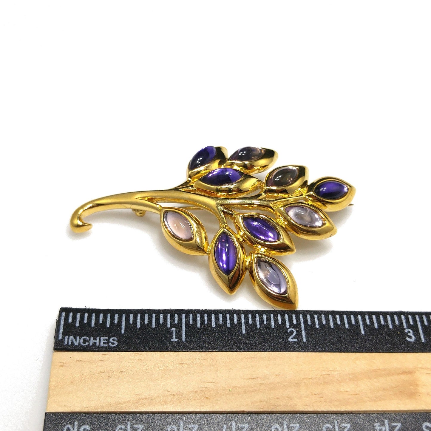 Trifari TM Purple Cabochon Gold Plated Brooch, Spray of Leaves Pin, 1980s Vintage Jewelry