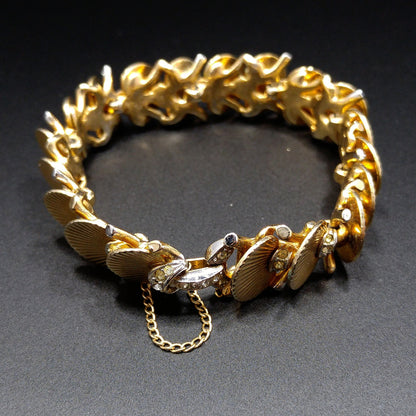 Boucher Deco Fan Bracelet, Clear Rhinestones, Overlapping Links, 1960s Vintage Jewelry