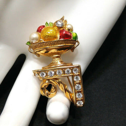 Swarovski Fruit Bowl Brooch, Enamel & Rhinestones, Vintage 1980s