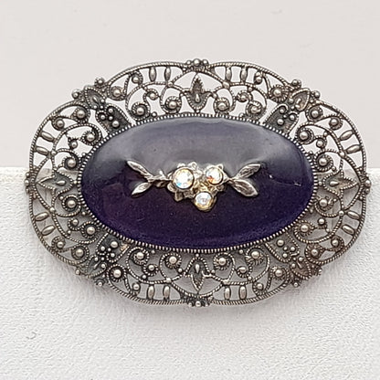 Vintage Catherine Popesco Art Deco Black Enamel AB Rhinestones Brooch
