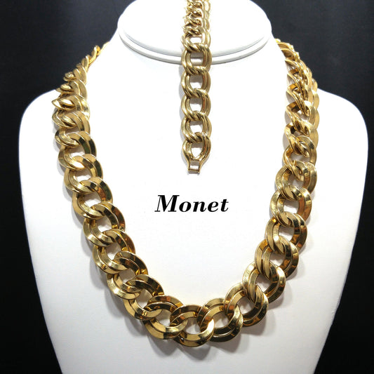 Monet Wide Link Necklace Bracelet Set, Double Links, 1980s Vintage Jewelry