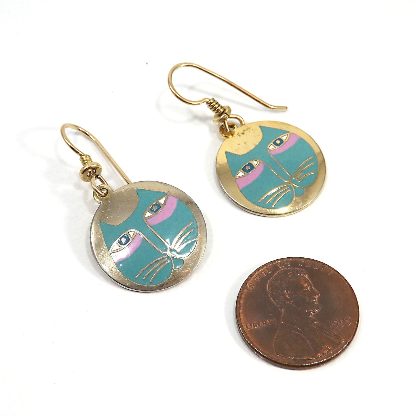 Vintage Laurel Burch "Moon Cat" Earrings, Teal Pink & Gold Cats