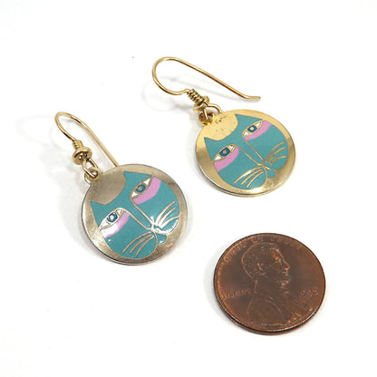 Vintage Laurel Burch "Moon Cat" Earrings, Teal Pink & Gold Cats